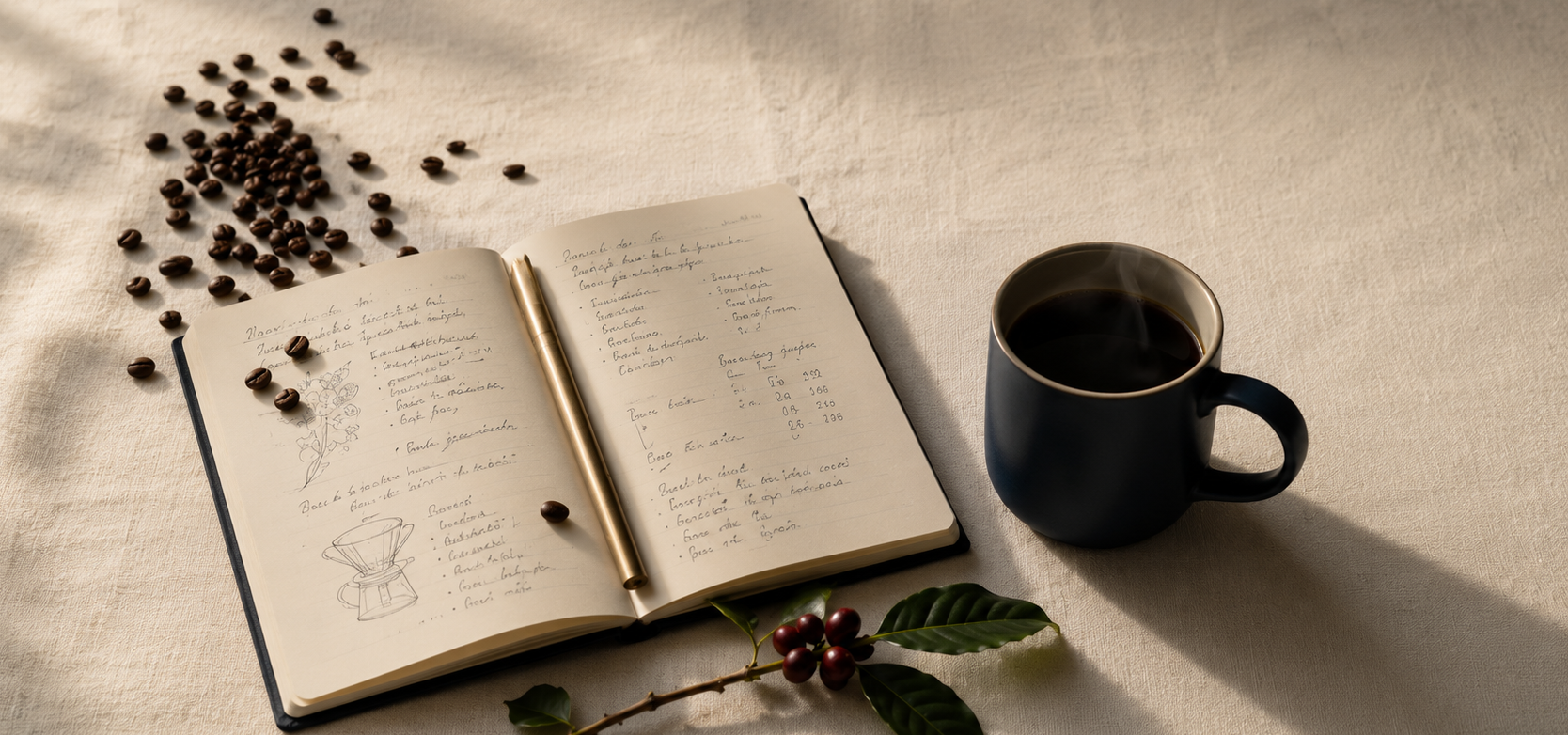 An open notebook with notes on coffee next to a LivOn mug with coffee and roasted coffee beans. 