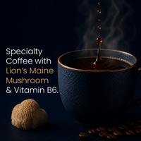 An image of a LivOn Focus coffee mug next to a Lion's Maine Mushroom and some coffee beans
