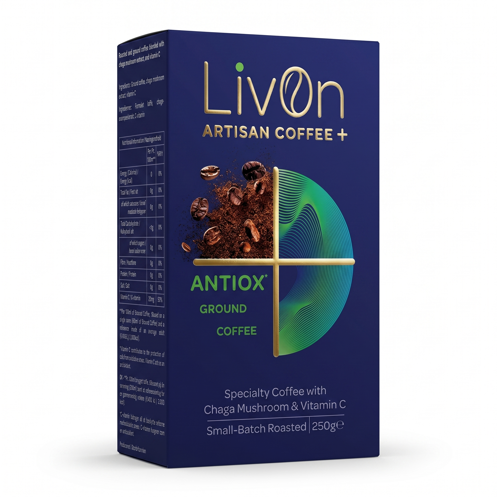 LivOn Antiox ground coffee in navy and gold packaging. Specialty coffee with chaga mushroom and vitamin C, 250g.