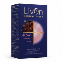 LivOn Glow ground coffee in navy and gold packaging. Specialty coffee with collagen and biotin, 250g.