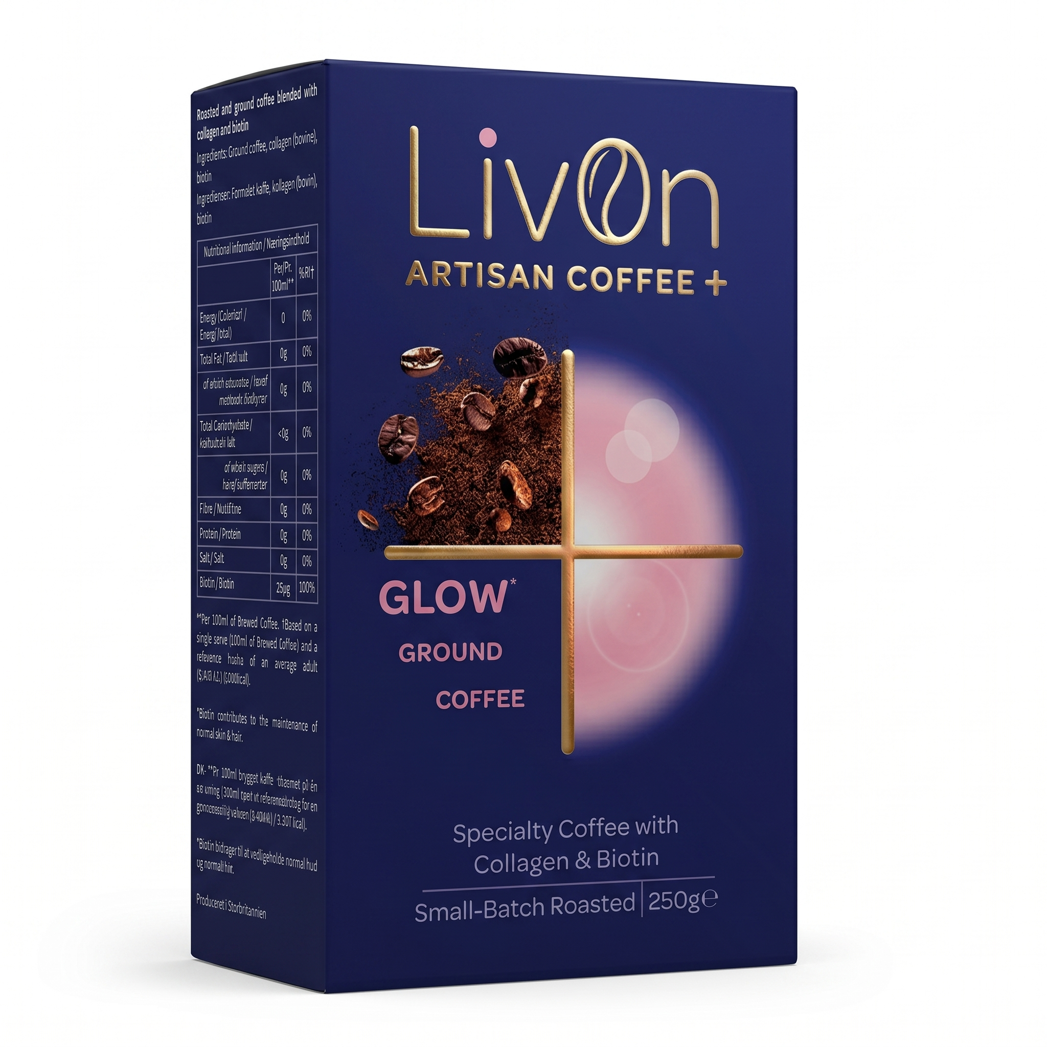LivOn Glow ground coffee in navy and gold packaging. Specialty coffee with collagen and biotin, 250g.