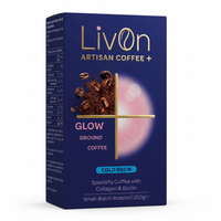 LivOn Glow Cold Brew, specialty coffee with collagen and biotin, designed for brewing overnight in the fridge.