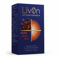 LivOn Pure Dark Roast ground coffee in navy and gold packaging. A blend of green and roasted specialty coffee beans, 250g.