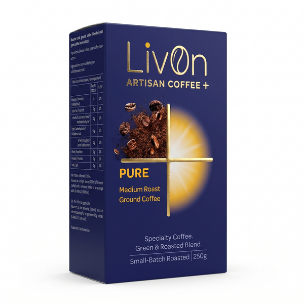 LivOn Pure Medium Roast ground coffee in navy and gold packaging. A blend of green and roasted specialty coffee beans, 250g.