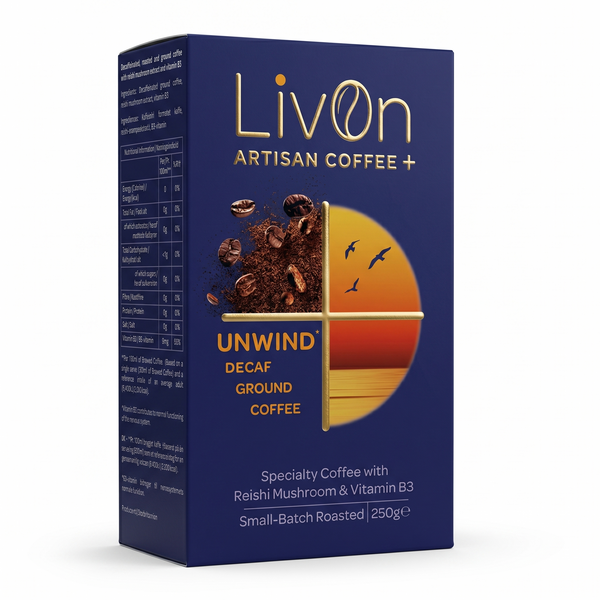 LivOn Unwind ground coffee in navy and gold packaging. Decaffeinated specialty coffee with reishi mushroom and vitamin B3, 250g.