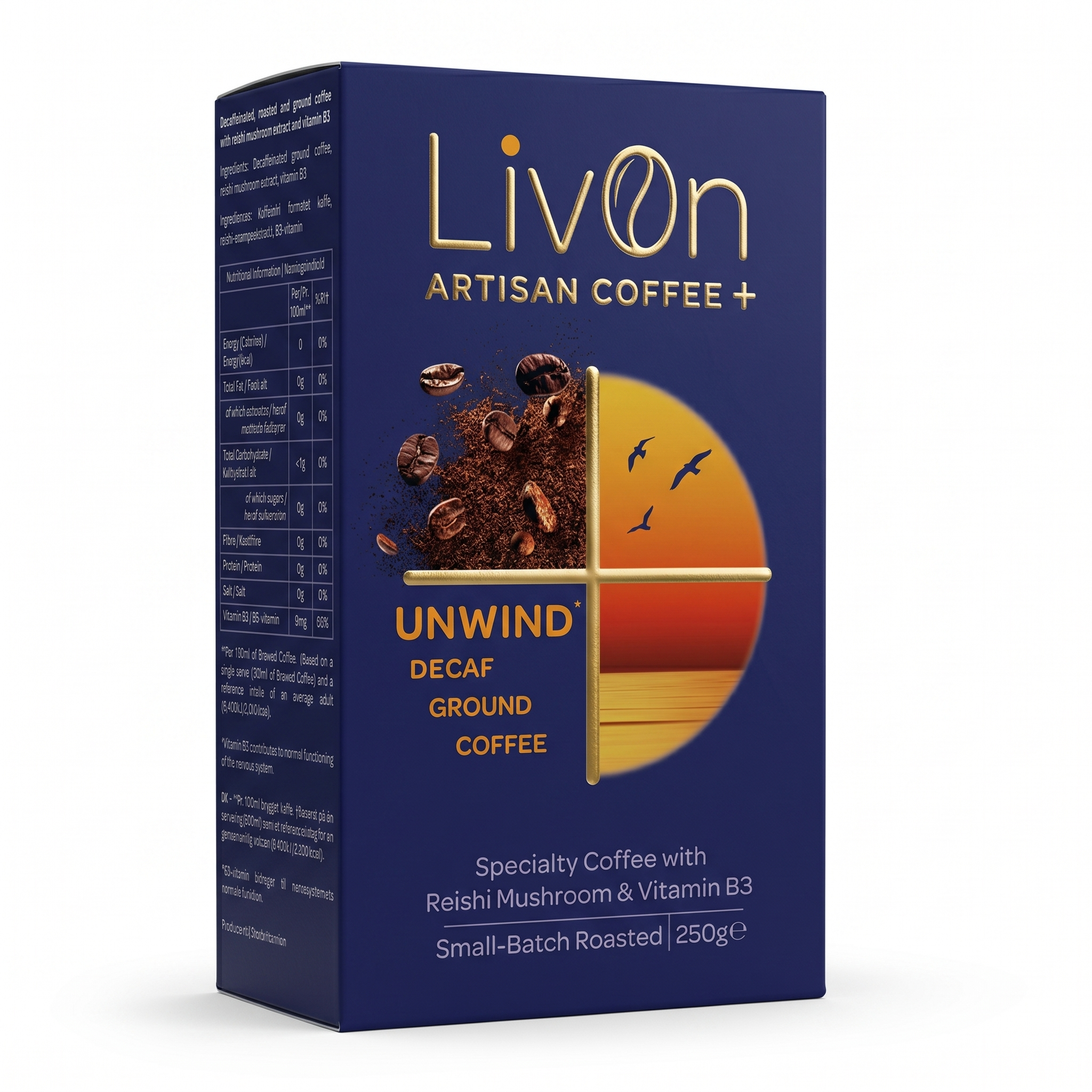 LivOn Unwind ground coffee in navy and gold packaging. Decaffeinated specialty coffee with reishi mushroom and vitamin B3, 250g.